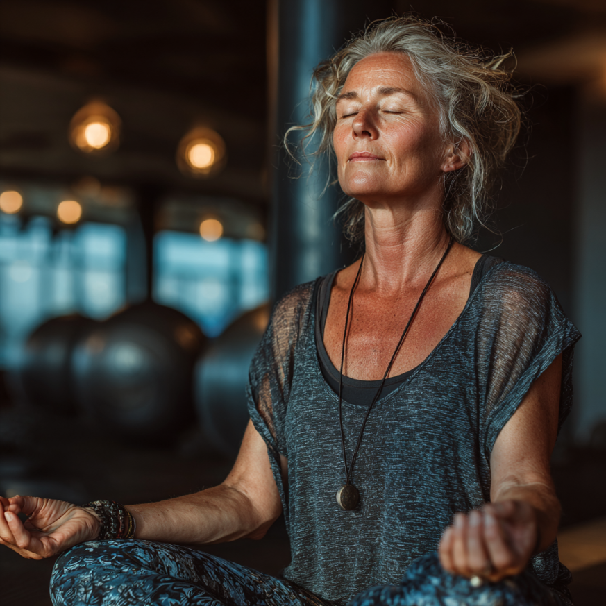 Жінка похилого віку займається йогою на природі